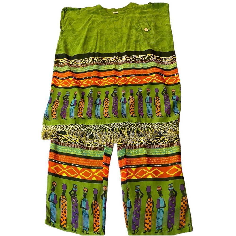 80s African 2 Piece Kaftan Dress Pants Set 2X Green Orange Fringes Ethnic Tribal